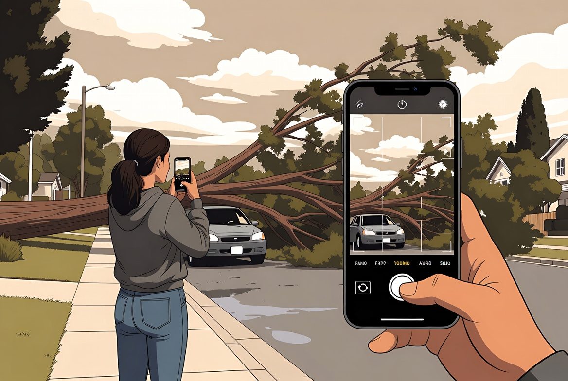 A resident photographs a downed tree to report it